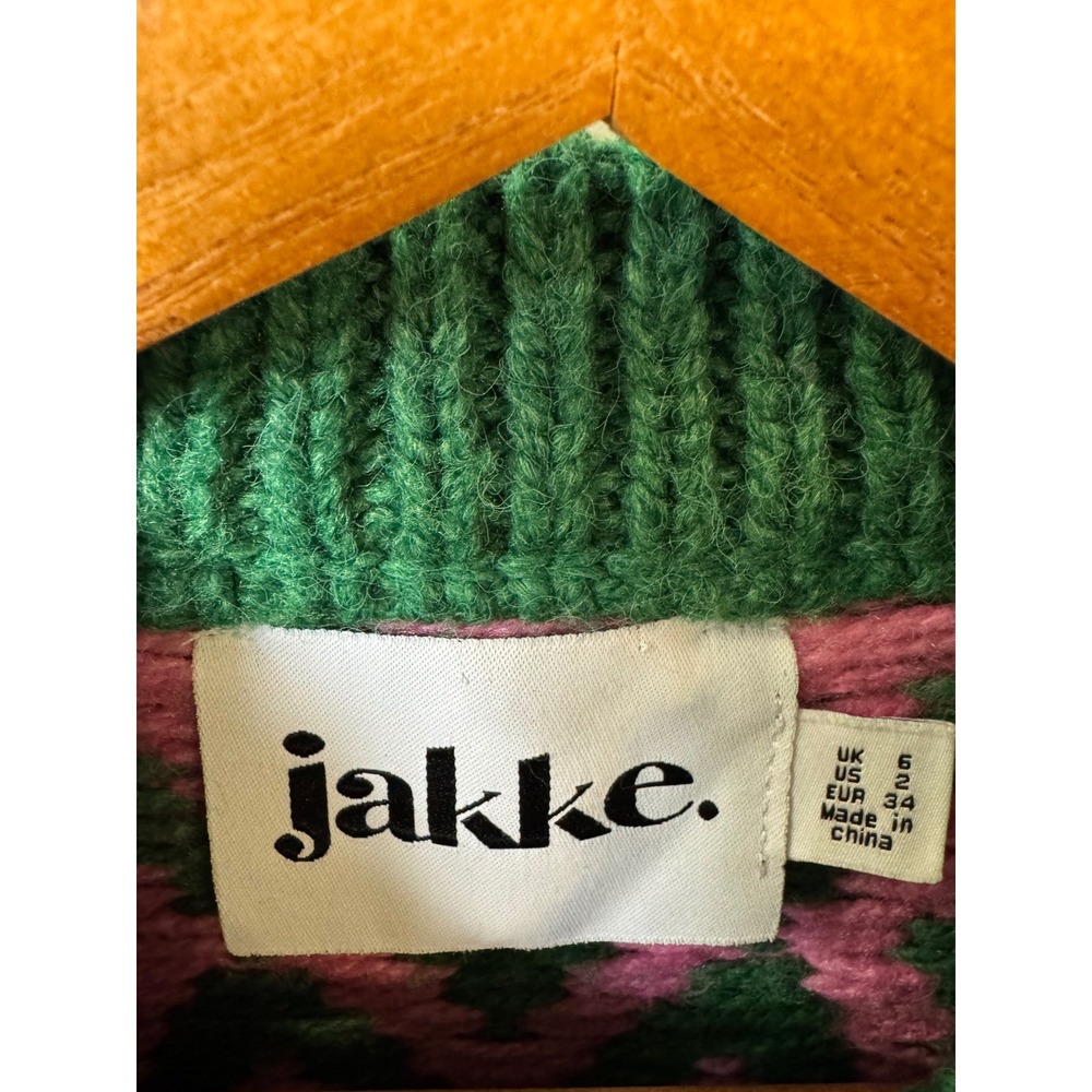 Jakke AMMA Recycled Green Pink Diamond Argyle Mock Neck Knit Sweater Size 2 - Picture 3 of 9